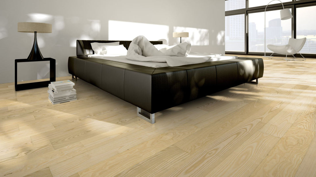 Esche Eleganz roh, geschliffen Massivholzdiele 15 × 130 mm – Beispielbild modernes Schlafzimmer