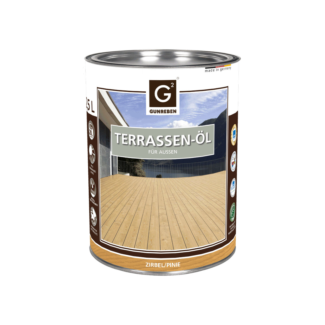 Huile de terrasse de Gunreben
 pin suisse
 bidon de 2,5 litres