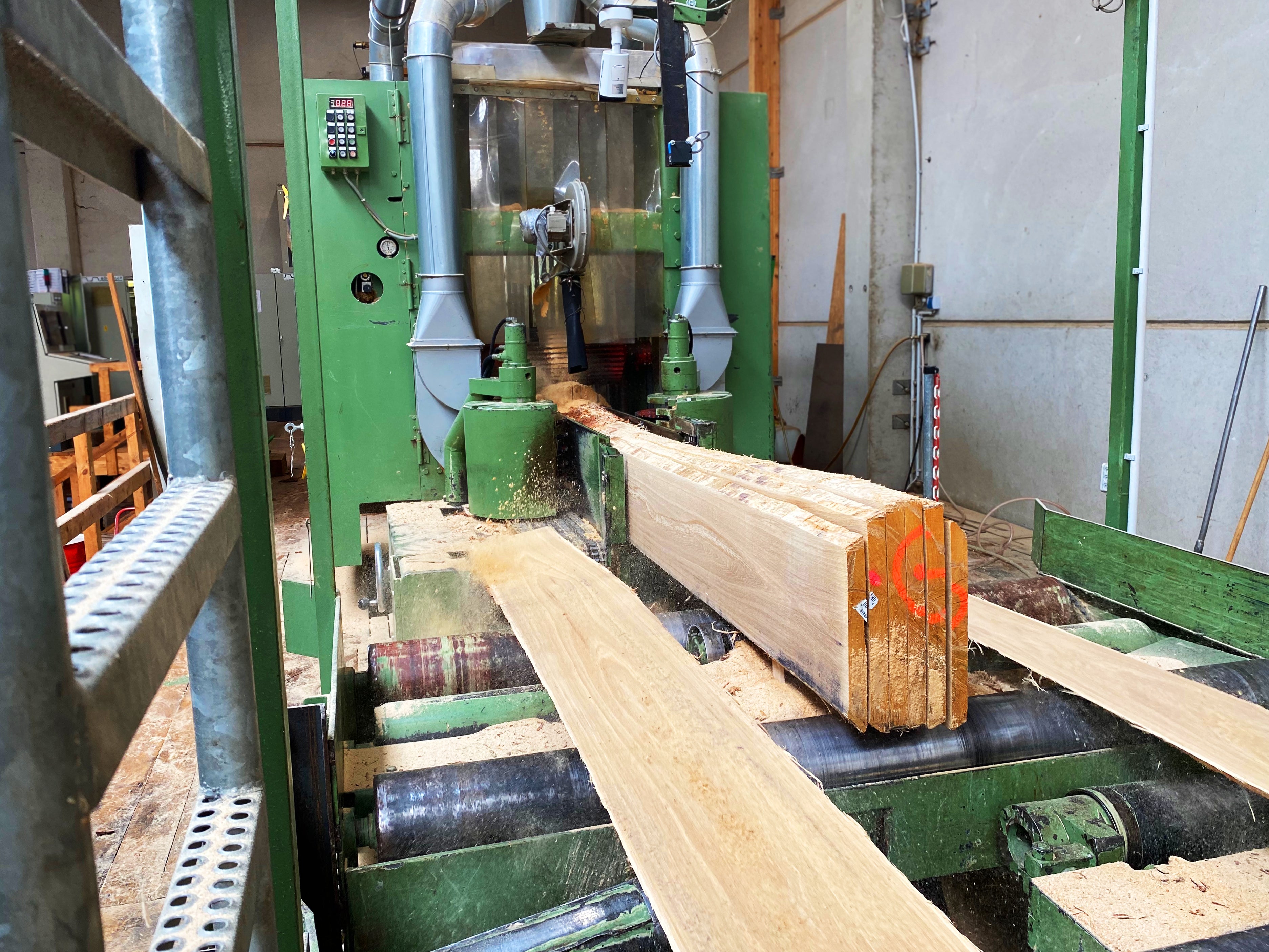 Die Holz-Stämme werden im Gutter Sägewerd in einzelne Bretter geschnitten