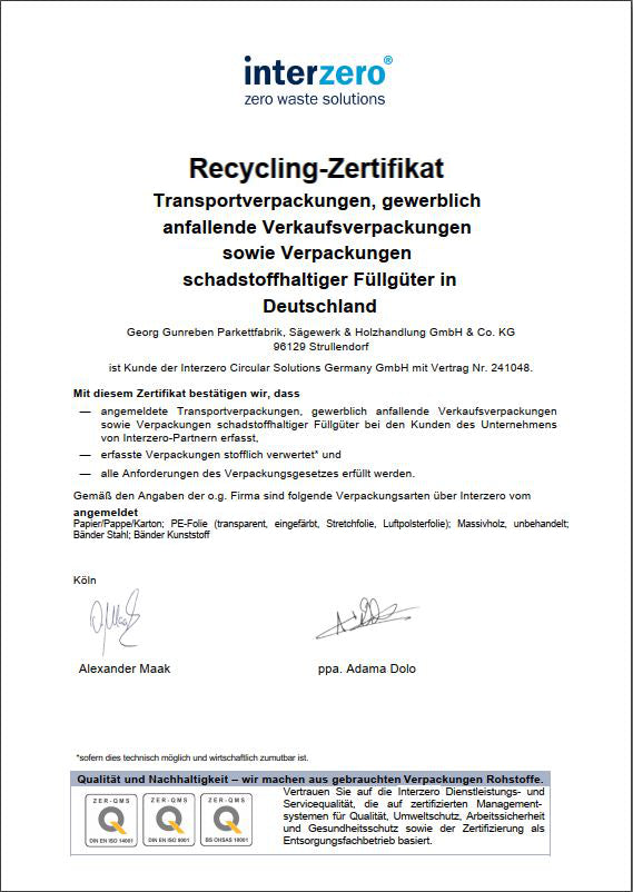 Recycling Zertifikat Interzero