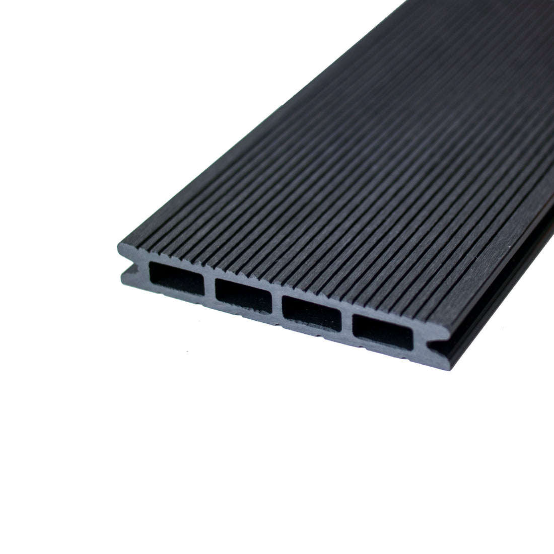 WPC 22 × 146 mm HOLO 4 dunkelgrau gerillt Terrassendiele (4 Kammern) Fixlängen Produktfoto Detailaufnahme