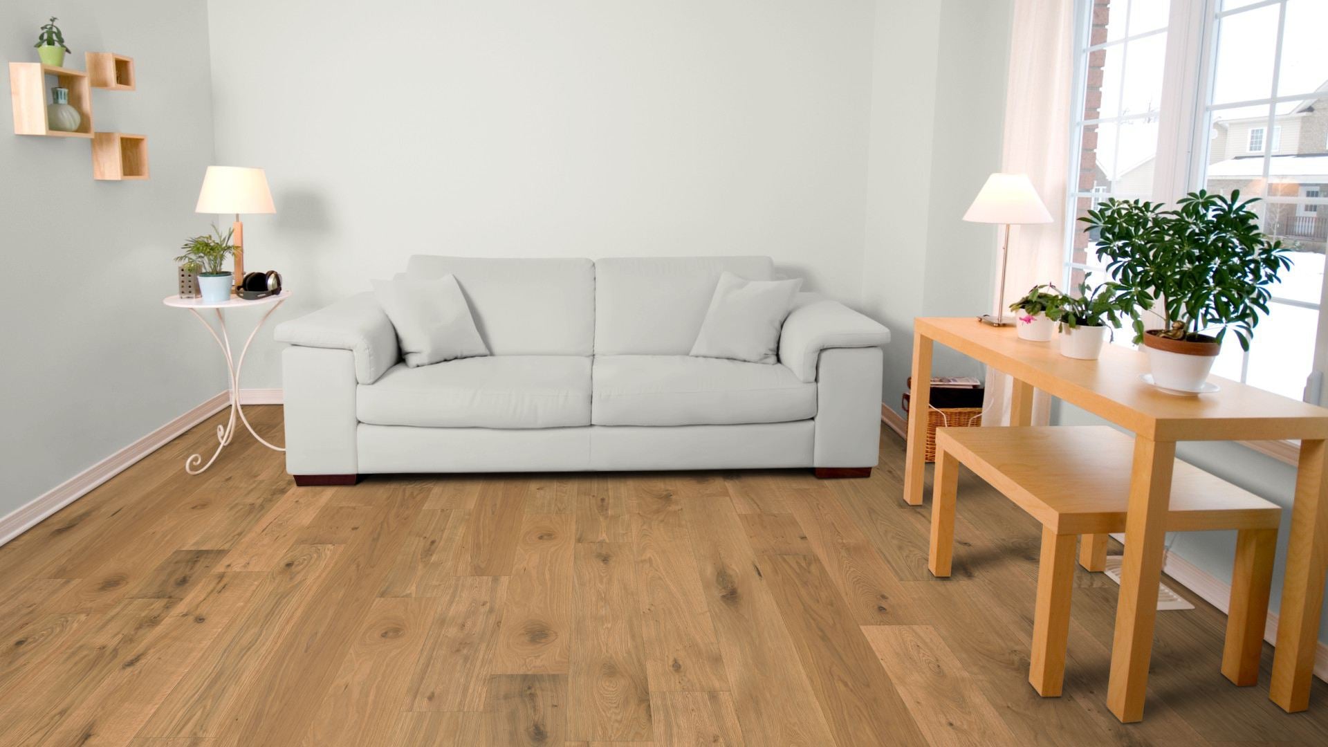 Eiche Landhausdiele massiv 20 × 200 mm Natur/Markant Beispielfoto Wohnzimmer