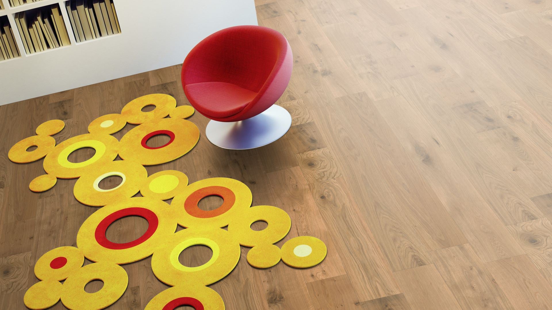 Eiche Landhausdiele massiv 20 × 200 mm Natur/Markant Beispielbild Wohnzimmer mit rotem Stuhl